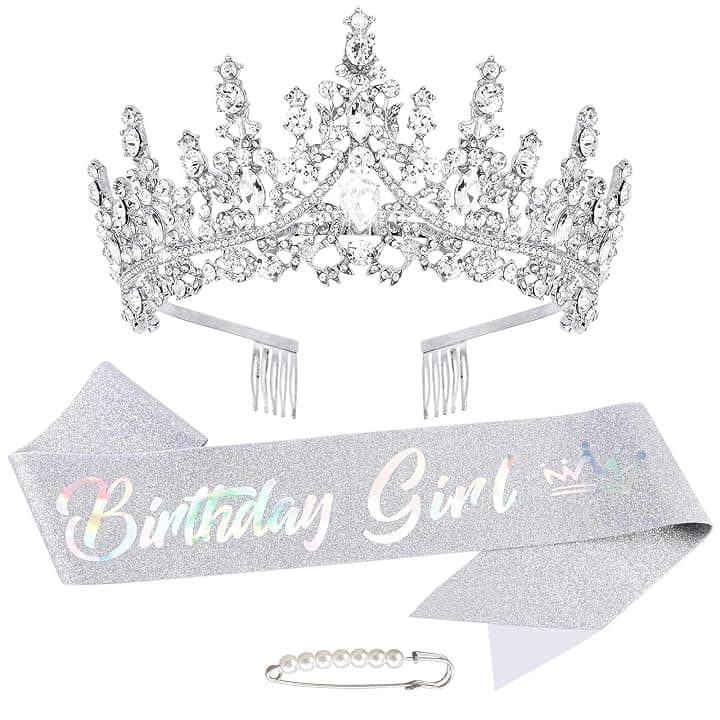Fascia Corona Compleanno Donna Tiara Coronas da Regina con Strass e Spilla con Perla Diadema Glitter “Birthday Girl” Sash Compleanno Decorazione Regalo Ragazze Accessori per Feste