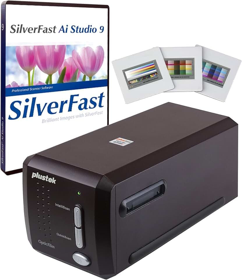 Plustek OpticFilm 8300i Ai - Scanner digitale per film e diapositive, conversione negativa da 35 mm, con SilverFast Ai Studio 9 e target di calibrazione avanzata IT8 (3 dia)
