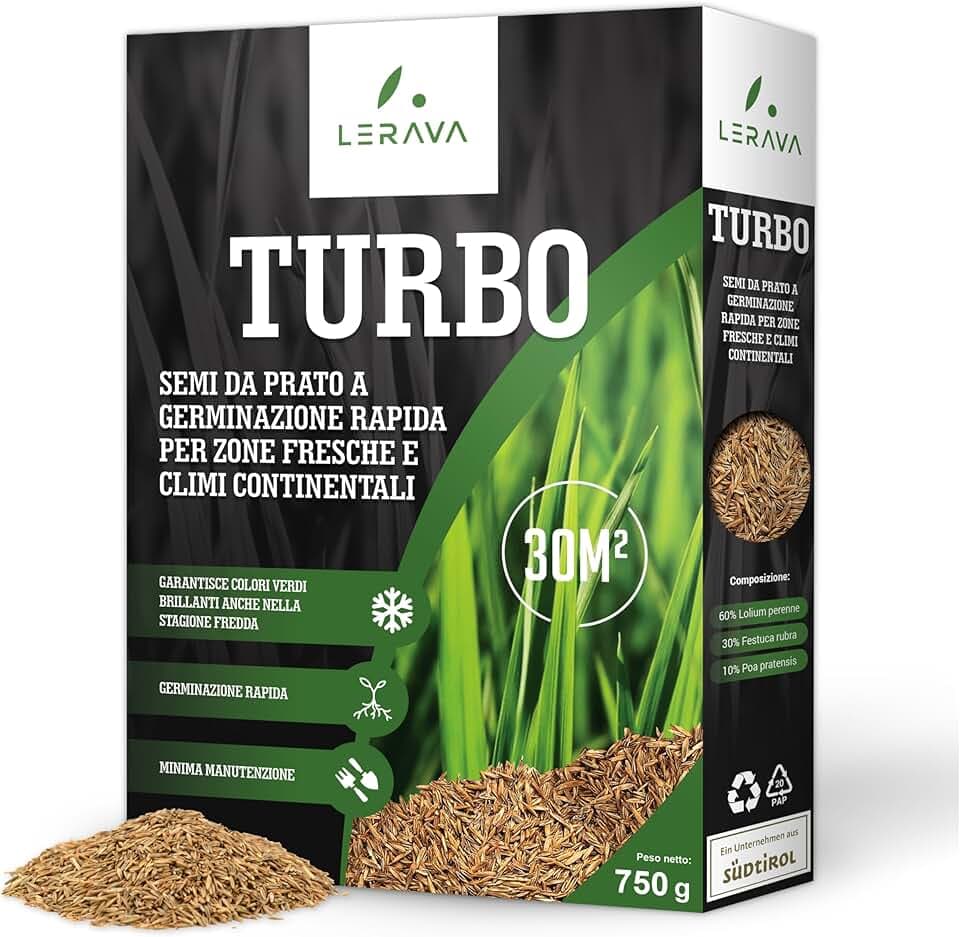 LERAVA TURBO Semi Loietto Perenne (30 m²) - Semi prato a Crescita Rapida - Fine Tessitura - Sementi per Prato Resistente e Denso - Erba da Giardino Verde Brillante - Ideale per Sole e Ombra