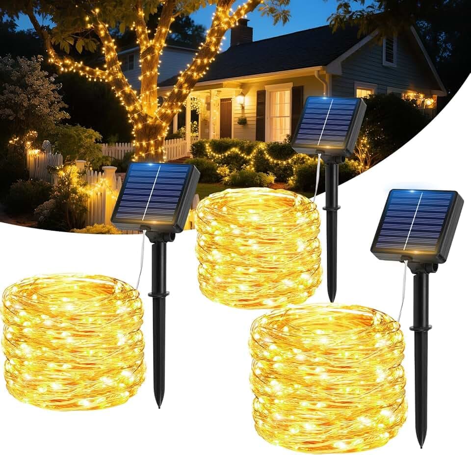 Luci Solari Esterno, [3 Pacchi]17M 150LED Catena Luminosa Esterno SolareIP65 lmpermeabili 8 Modalità Filo diRame Luci Solari da Giardino DecorativePer Festa, Matrimonio, Giardino, Natale.Patio