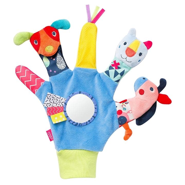 Fehn Guanto da gioco Color Friends - da afferrare e produrre rumori, con sonaglio e squeaker - Burattino per bambini da 0+ mesi