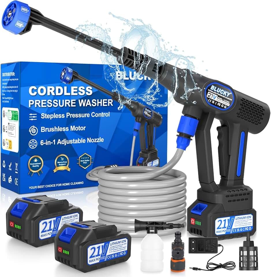 Idropulitrice Portatile a Batteria con Collegamento a Rubinetto Diretto, Ugello 6 in 1 e Controllo Pressione Regolabile per Giardino, Auto e Pulizie Esterne