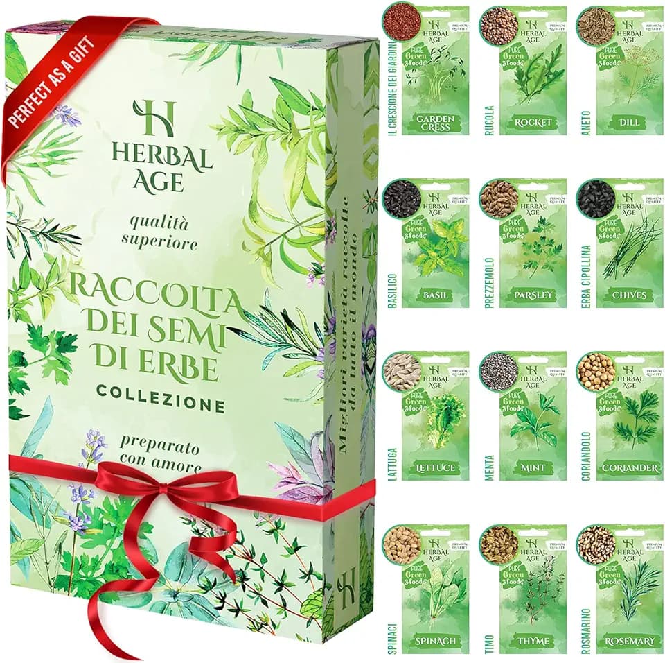 HERBAL AGE Semi Piante Aromatiche Kit Giardinaggio, 12 Erbe Aromatiche Kit Semi Orto, 8700 semi, Lattuga, Prezzemolo, Aneto, Articoli Regali Coltiva Erba In Orto Casa, Regalo Donna, Natale