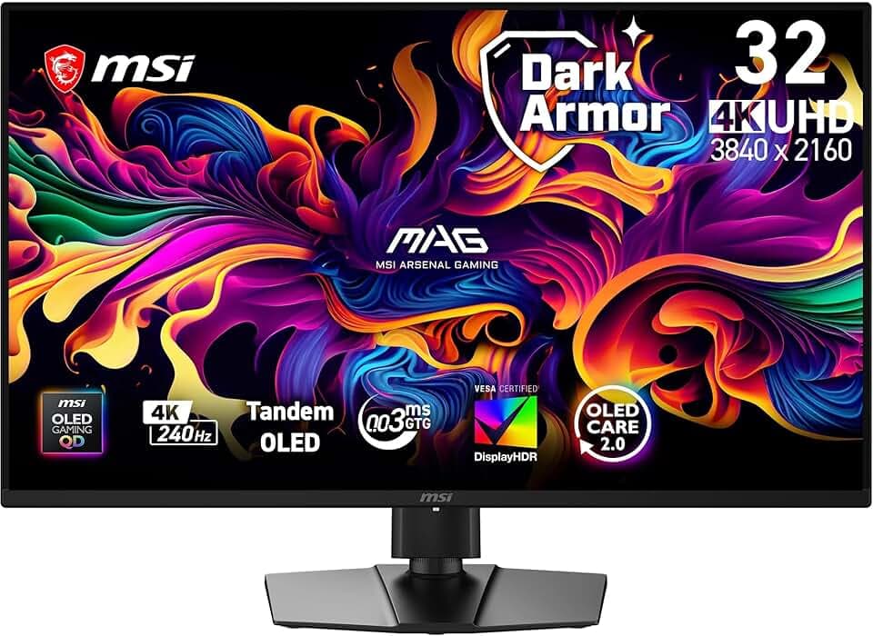msi MAG 321UP QD-OLED X24 Monitor Gaming 32” 4K UHD (3840×2160), Tandem QD-OLED, 240 Hz, 0,03 ms, DarkArmor Film, Uniform Luminance, Super Low Motion Blur, G-SYNC Compatible, AMD FreeSync Premium Pro