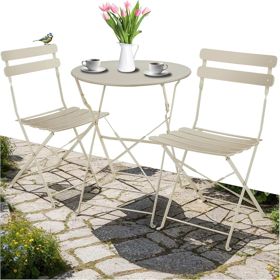 tectake® Set Bistrot Pieghevole Per 2 Persone con Telaio in Acciaio, Set Tavolo e Sedie Da Giardino, Tavolo con Sedie per Balcone e Terrazzo, Salottino da Esterno Design Elegante - Cappuccino