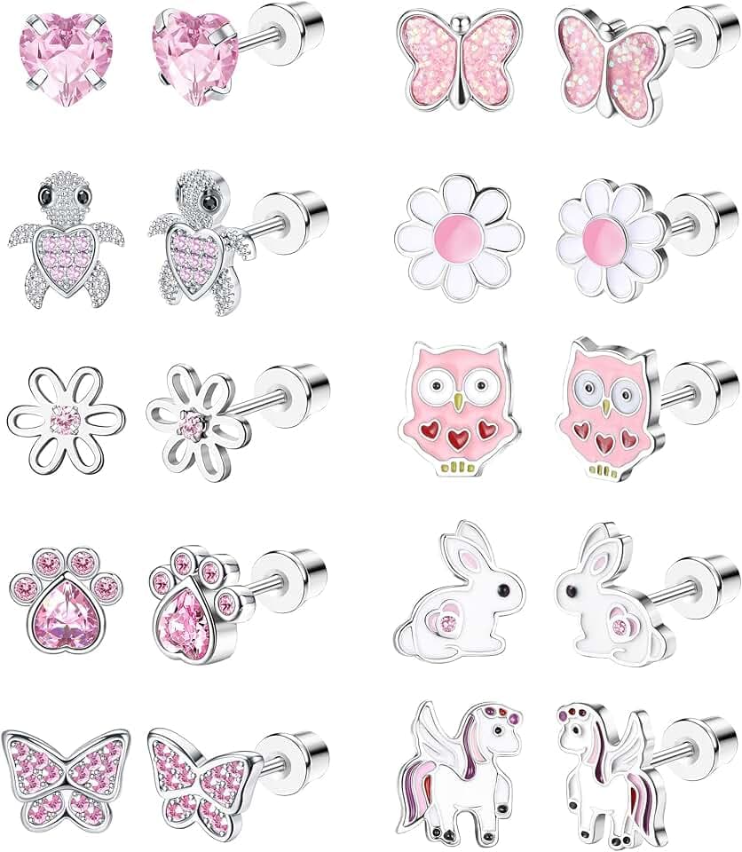 LOLIAS 10 Pairs Carino Vite Indietro Orecchini Donne Ragazze In Acciaio Inox Multicolore Cuore Fiore Farfalla Arcobaleno CZ Orecchini Anallergico Screwback Orecchino Della Vite Prigioniera