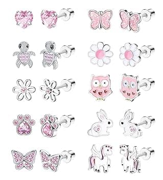 LOLIAS 10 Pairs Carino Vite Indietro Orecchini Donne Ragazze In Acciaio Inox Multicolore Cuore Fiore Farfalla Arcobaleno CZ Orecchini Anallergico Screwback Orecchino Della Vite Prigioniera