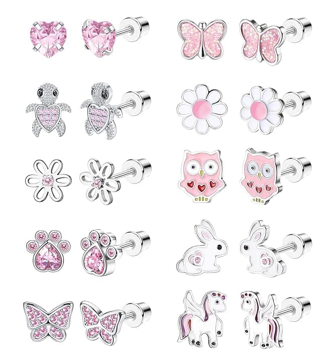 LOLIAS 10 Pairs Carino Vite Indietro Orecchini Donne Ragazze In Acciaio Inox Multicolore Cuore Fiore Farfalla Arcobaleno CZ Orecchini Anallergico Screwback Orecchino Della Vite Prigioniera