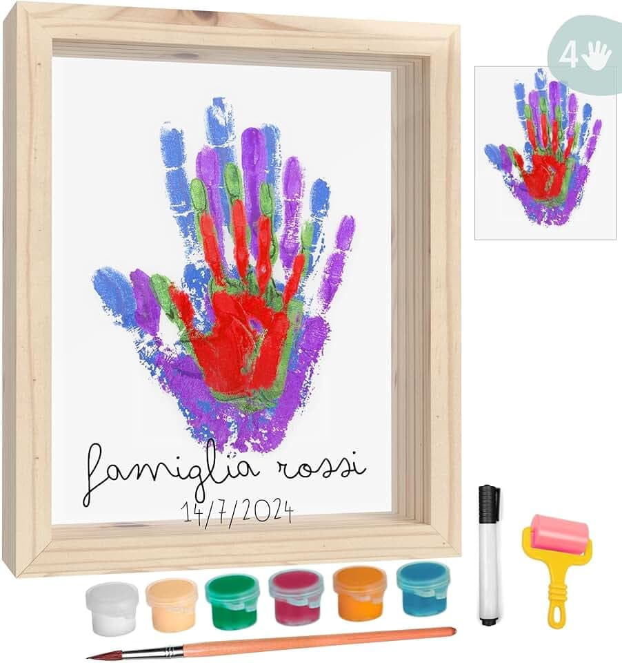 Cornice Impronta Mani e Piedi Neonati con Spazio per 4 Impronte, Kit Impronta Mani Famiglia per Dipingere Impronte, Set Impronte Mani e Piedi Neonato Ideale Regalo Neonato