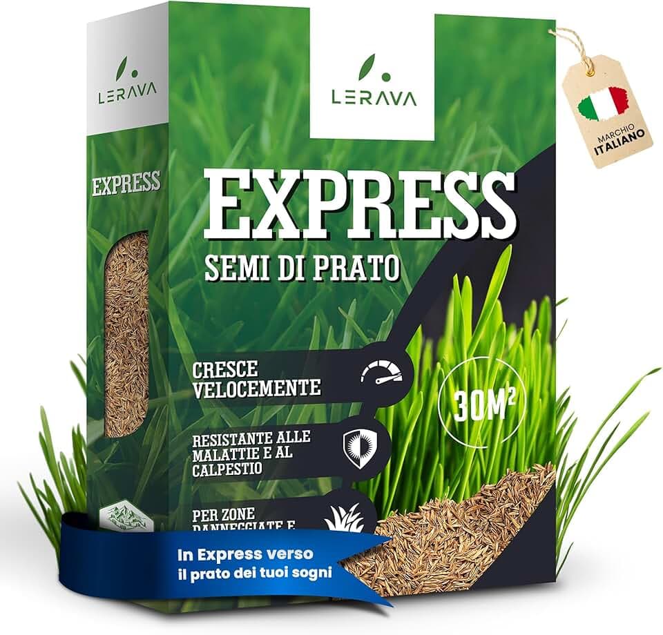 LERAVA® EXPRESS semi prato crescita rapida (30m²) - Semina resistente al calpestio - Sementi per prato soleggiato e mezz’ombra - Semi per un giardino verde fitto - 0,75kg