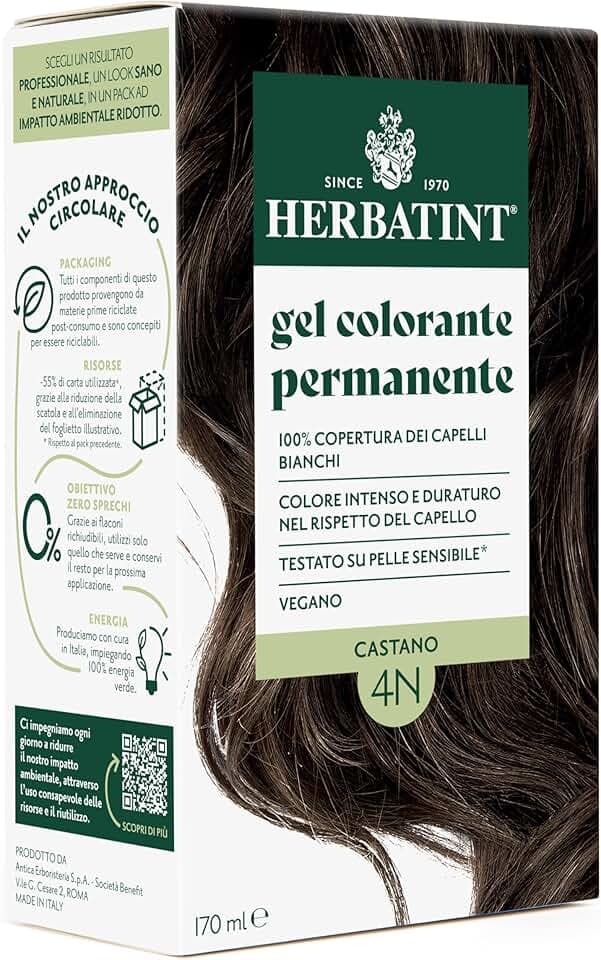 Herbatint Gel Colorante Permanente per Capelli 4N Castano - 170 ml | Senza Ammoniaca, 100% Copertura Capelli Bianchi | per Pelli Sensibili, con 8 Estratti Naturali Bio