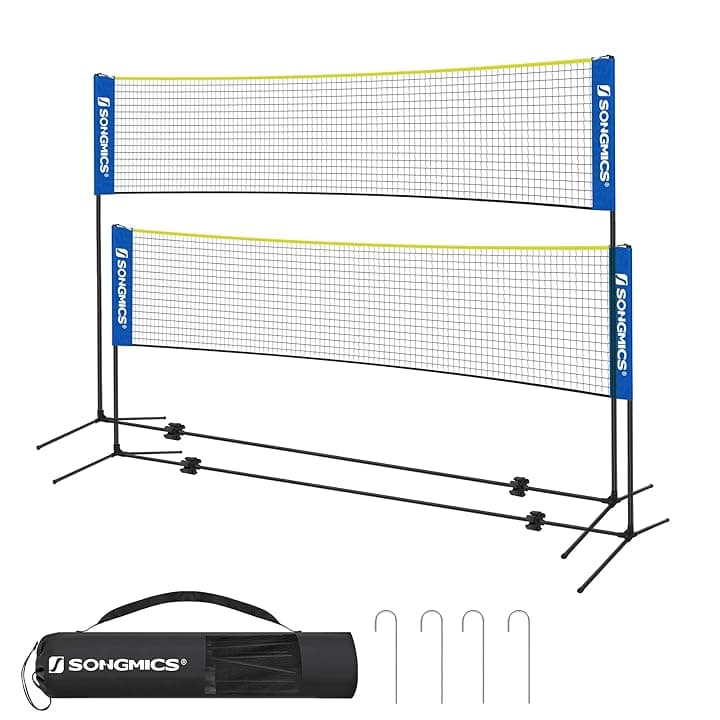 SONGMICS Rete da badminton da 3 m, rete da pallavolo, altezza pali regolabili, set portatile per tennis