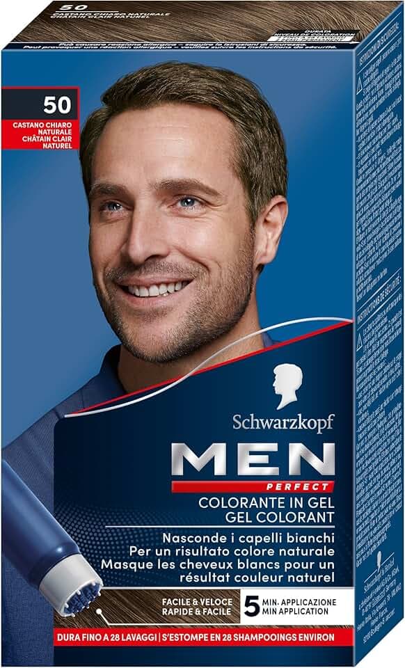 Schwarzkopf, Men Perfect, Tinta Copertura dei Capelli Bianchi, Colorante in Gel, Tonalità 50 Castano Chiaro Naturale