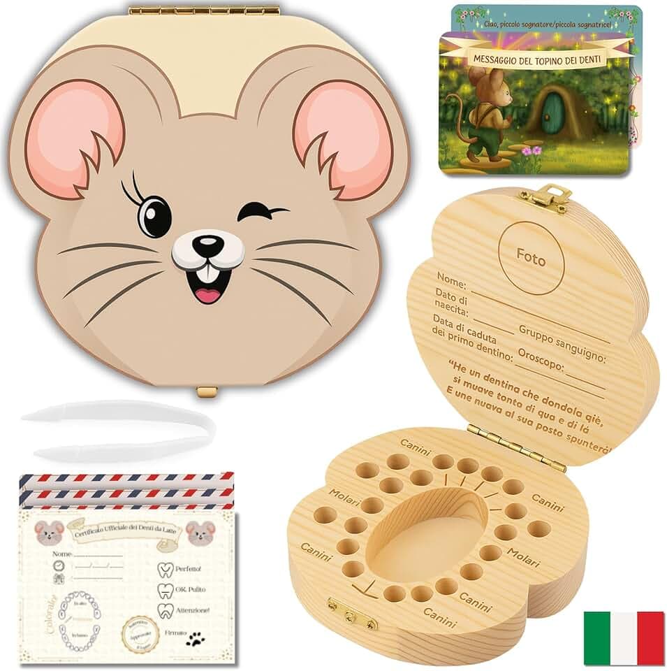 HOMYKIDS® Scatola Dentini da Latte per Bambino ITALIANO + [e-book GRATUITO] - Scatolina porta Dentini da Latte Topolino dei Dentini/Fatina dei Denti (Italiano - Topolino dei Dentini)
