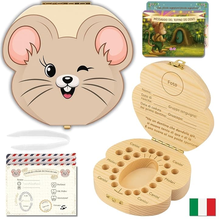 HOMYKIDS® Scatola Dentini da Latte per Bambino ITALIANO + [e-book GRATUITO] - Scatolina porta Dentini da Latte Topolino dei Dentini/Fatina dei Denti (Italiano - Topolino dei Dentini)