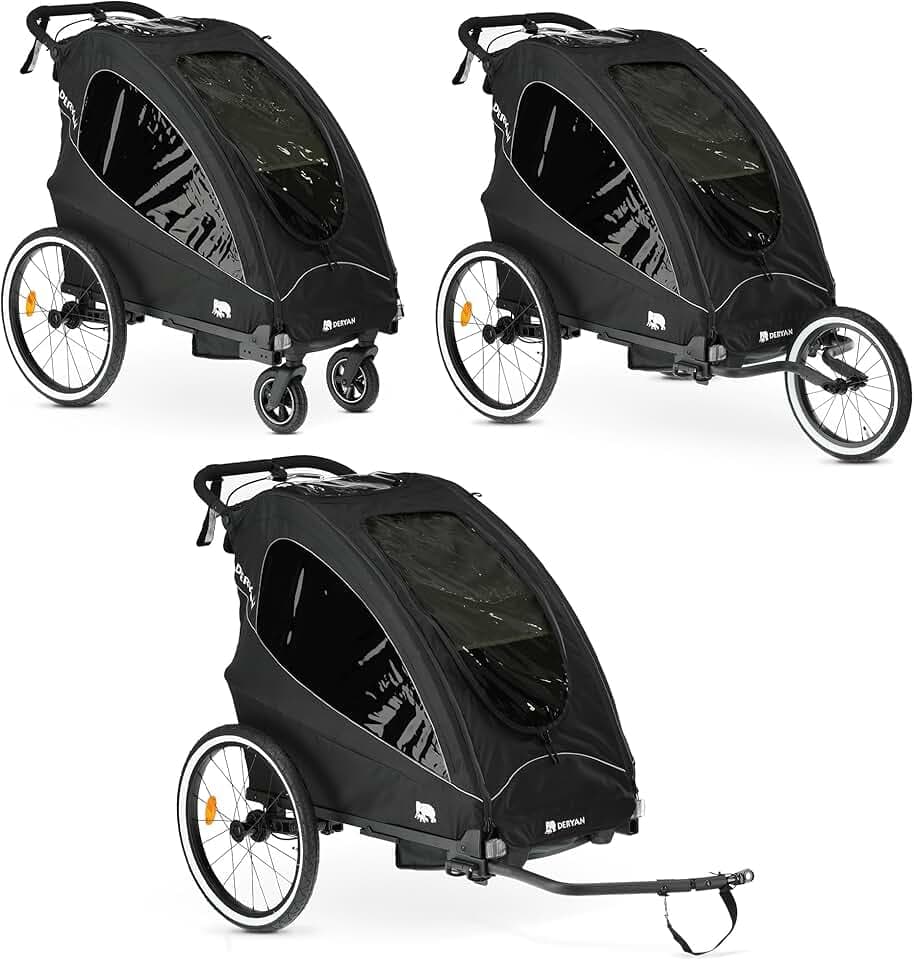 Deryan Lusso 3 in 1 - Rimorchio per bicicletta, passeggino e jogging - Passeggino multifunzione con cintura a 5 punti - Nero