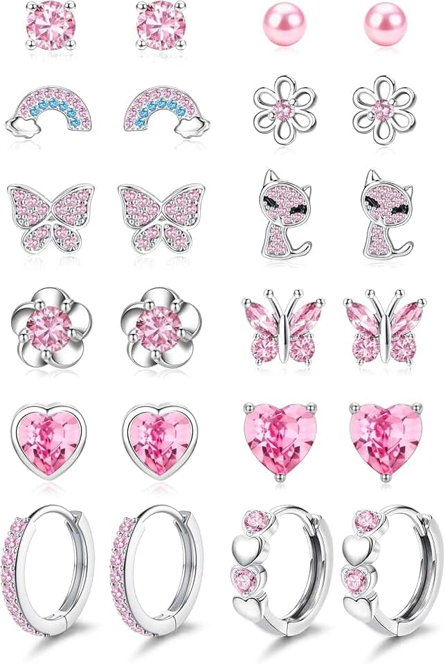 ORAZIO 12 Paia Orecchini Bambina Anallergici Acciaio Chirurgico Orecchini Cerchio Donna Rosa Cuore Farfalla Orecchini Bambina Set