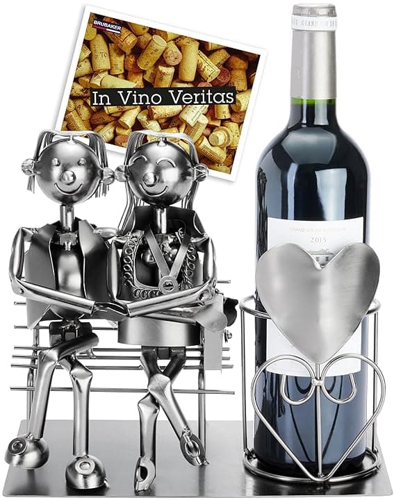 BRUBAKER Portabottiglie Amanti sulla Panchina - Argento - Figura Amore in Metallo - Regalo di Scultura per Coppie Sposate con Carta Regalo