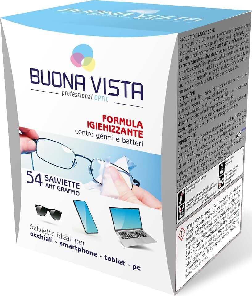 Buona Vista - Salviette Pulizia Occhiali - Con Formula Igienizzante - Speciale Materiale Antigraffio - Monouso - Formato: 54 Salviette Incartate Singolarmente