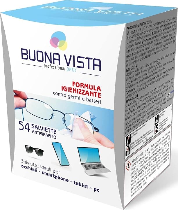 Buona Vista - Salviette Pulizia Occhiali - Con Formula Igienizzante - Speciale Materiale Antigraffio - Monouso - Formato: 54 Salviette Incartate Singolarmente