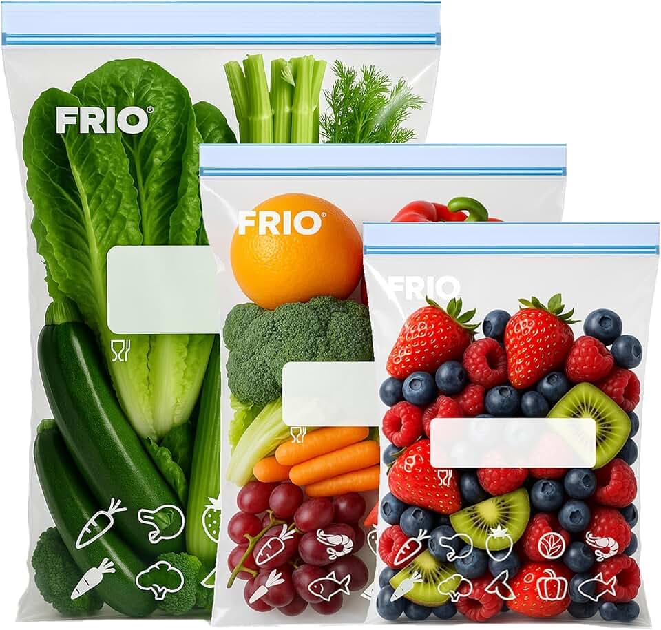 FRIO Set 65 sacchetti ermetici per alimenti, chiusura doppia Zip, etichetta pre-stampata, richiudibili, sigillabili, 3 misure S-M-L, per conservare, per congelatore, salva freschezza, riutilizzabili