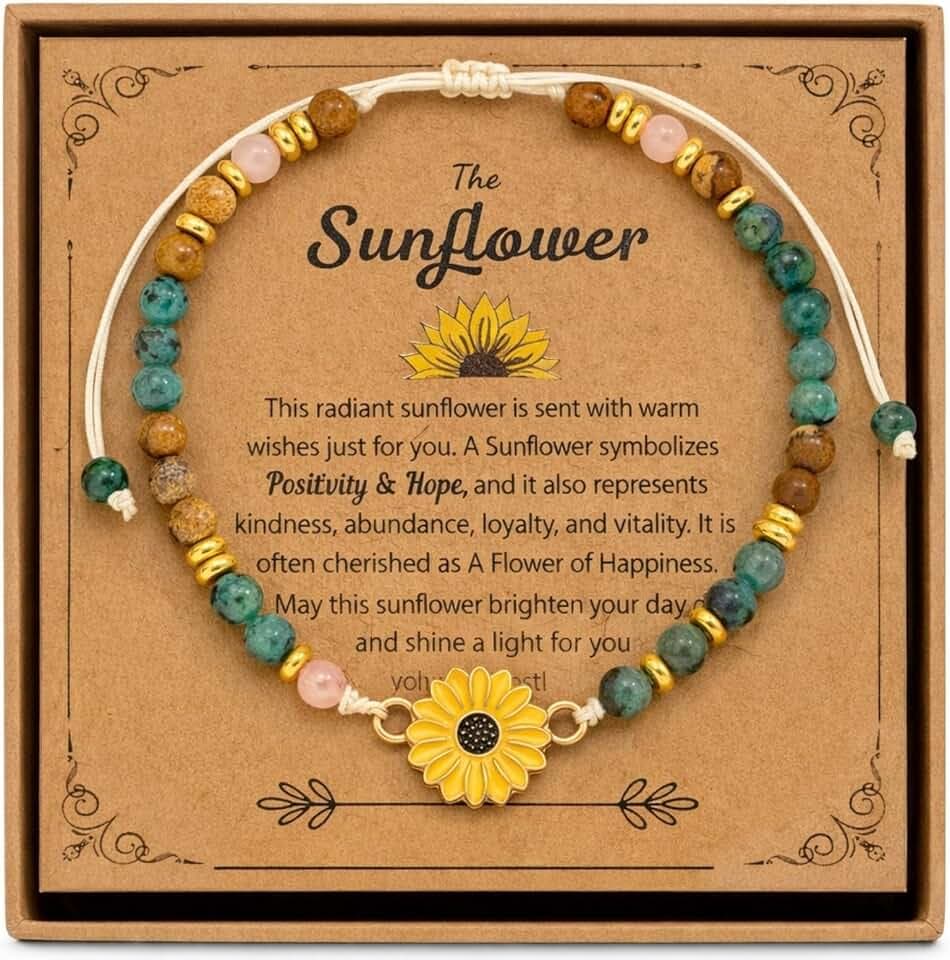 Braccialetto in Pietra Naturale Positiva con Elemento Girasole per Donne, Regalo di Compleanno, Regalo di Natale, Regalo per la Festa della Mamma