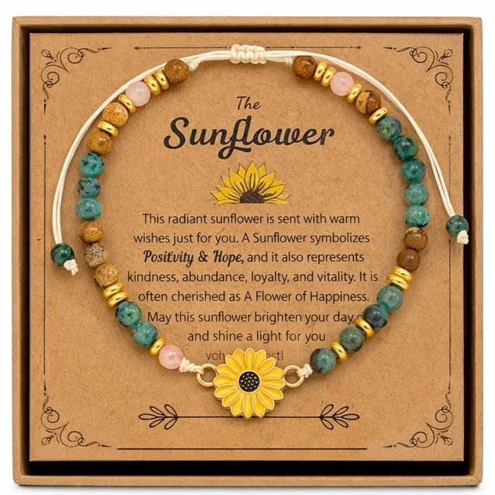 Braccialetto in Pietra Naturale Positiva con Elemento Girasole per Donne, Regalo di Compleanno, Regalo di Natale, Regalo per la Festa della Mamma