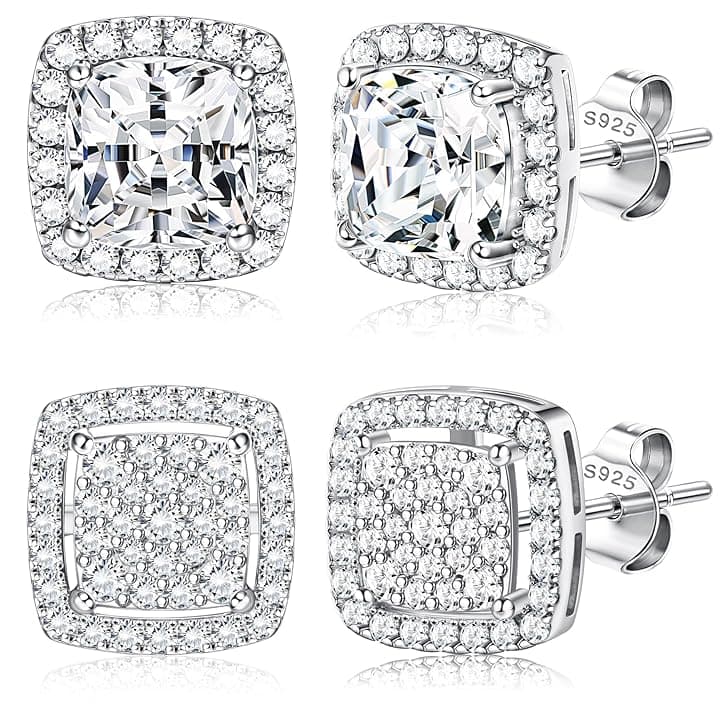 Dochais 2 Paia di orecchini donna uomo argento 925 Placcato Oro 14K orecchini diamante anallergici zirconi cubici rotondi quadrati imitazione diamante per donna uomo