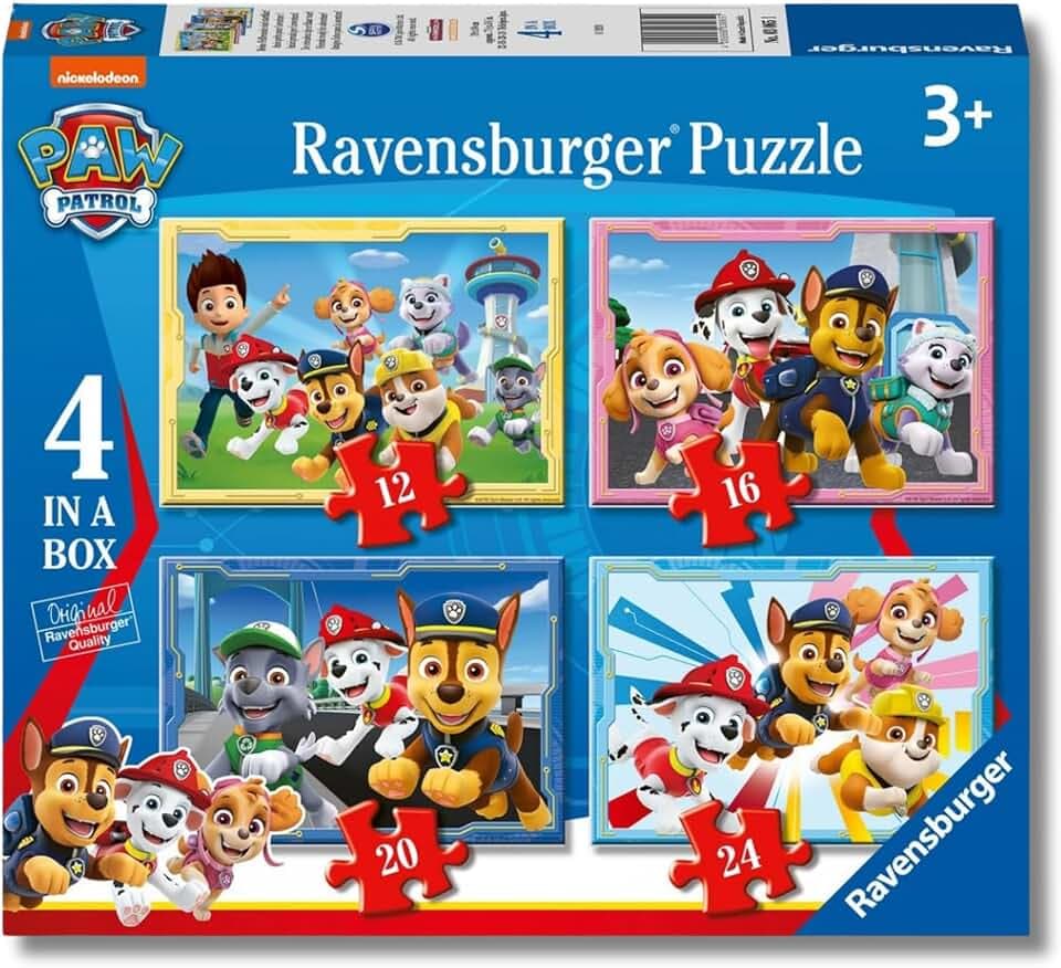 Ravensburger - Puzzle Bambini 3 Anni 4 in a box, Paw Patrol - Puzzle 3 Anni, Collezione Paw Patrol, Include 4 Puzzle 12-16-20-24 Pezzi Progressivi, Giochi Educativi, Idee Regalo The Forest Stewardship Council