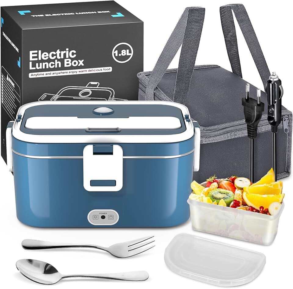 Scaldavivande Elettrico Portatile, 120W 1.8L Portavivande Termico, 3 in 1(12V/24V/240V) Porta Pranzo Termico per Auto Camion e Ufficio Lunch Box Elettrico con Forchetta Cucchiaio e Borsa