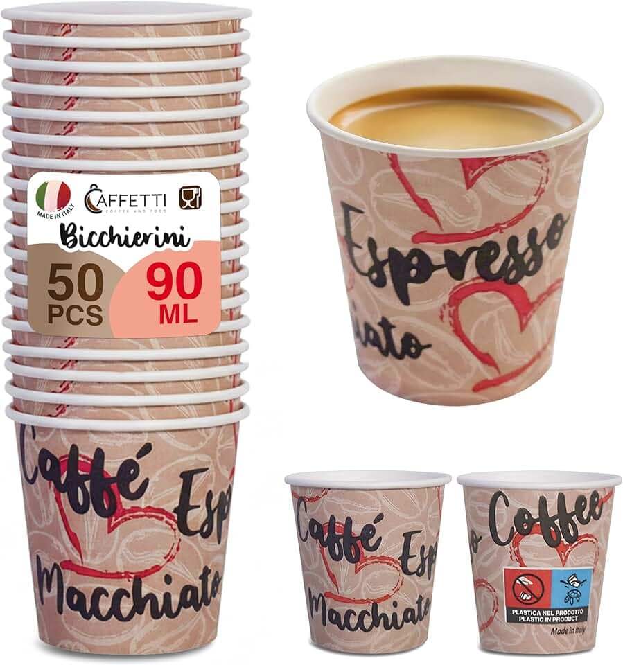 Caffetti 50 Bicchierini Caffè 90 ml, Bicchieri Made in Italy Monouso per Espresso, Macchiato, Bevande Calde, Tè, The, Cioccolata, Usa e Getta, Asporto, Ufficio, a Tema Cuore - 3 oz