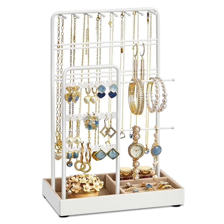 SONGMICS SONGMICS Portagioie, Porta Collane e Orecchini, Espositore per Gioielli, Struttura in Metallo, Vassoio in Velluto, per Collane Bracciali Orecchini Anelli, Idea regalo, Bianco JJS021W01