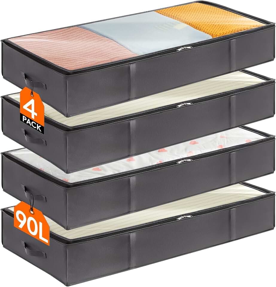 Lifewit Confezione da 4 Contenitori Portaoggetti Sottoletto per Coperte con Maniglia Rinforzata, Organizer per Piumoni, Lenzuola, Vestiti per Camera da Letto, Armadio, Grigio Recycled Claim Standard 100