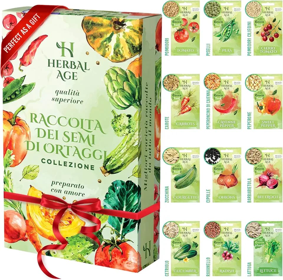 HERBAL AGE Kit Semi Ortaggi, 12 Varietà di Semi Orto – 5100 Semi da Piantare, Pomodori, Carote, Cetrioli, Zucchine – Idee Kit Regalo Per La Casa, Idee Regali Originali di Natale per Donna, Uomo