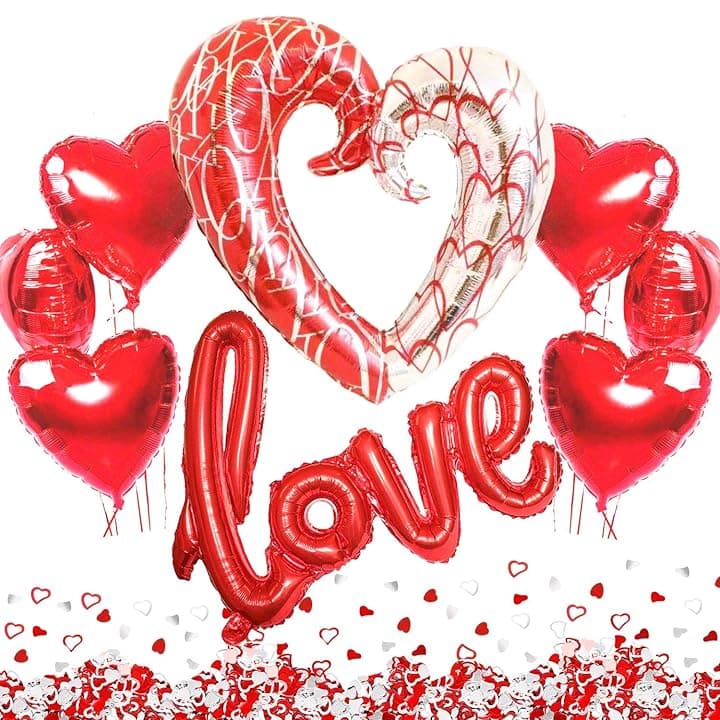 Kit Romantico, Love XXL Rosso,1 Cuore Giagante, 6 Palloncini a Forma di Cuore Rossi, Decorazione Romantica per San Valentino, Anniversario Matrimonio e Fidanzamento