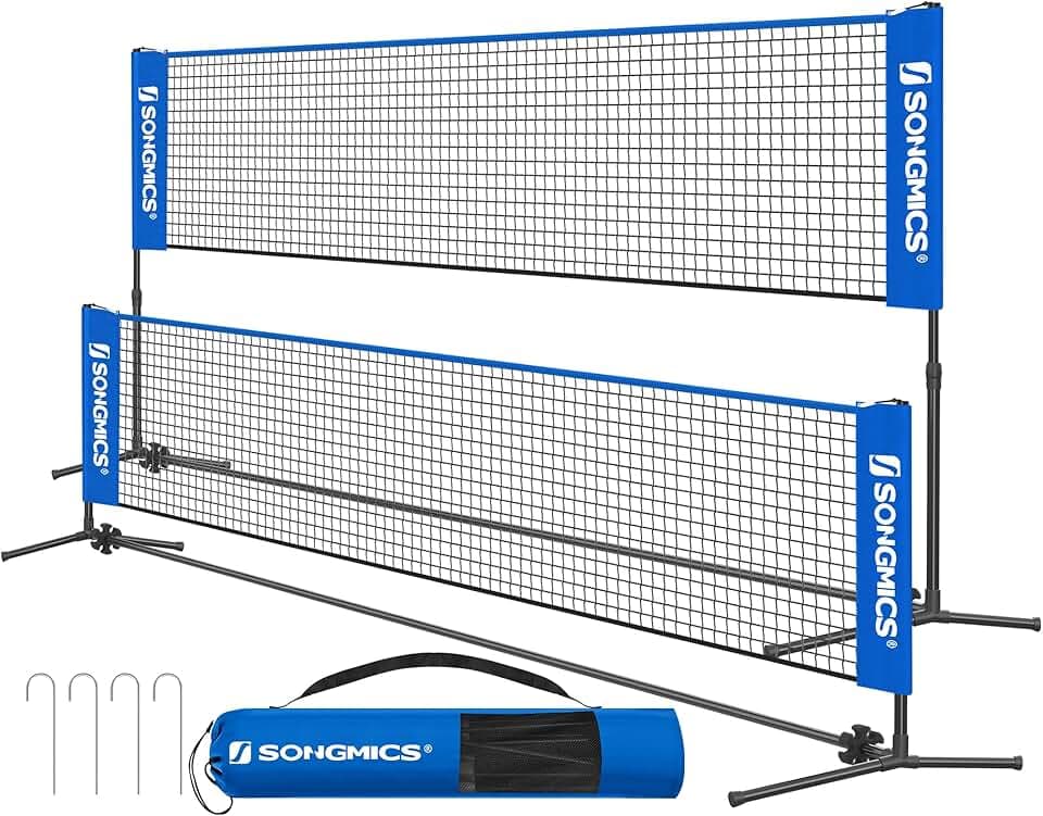 SONGMICS Rete da badminton da 3 m, rete da pallavolo, altezza pali regolabili, set portatile per tennis