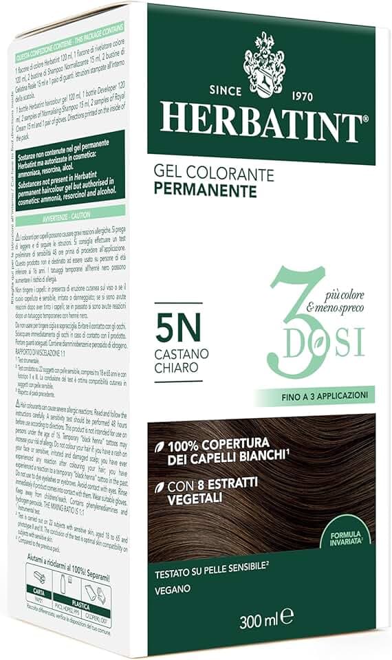 Herbatint Gel Colorante Permanente 3Dosi, 300ml - 5N Castano Chiaro, Senza Ammoniaca, per Pelli Sensibili, 100% Copertura Capelli Bianchi, con 8 Estratti Naturali Bio