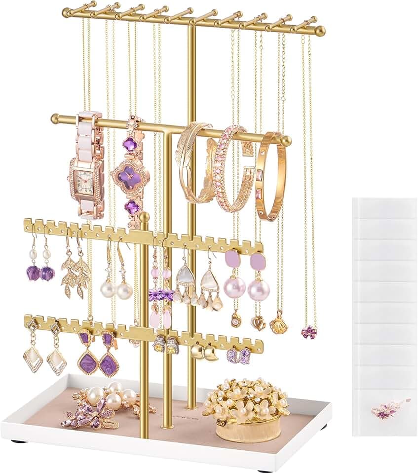 SONGMICS SONGMICS Portagioie, Porta Collane e Orecchini, Struttura in Metallo, Vassoio in Velluto, Espositore per Collane Bracciali Orecchini Anelli, Idea regalo, Oro Pallido JJS036AB01