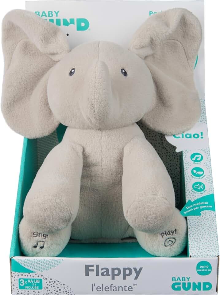 GUND Flappy Elefantino Peluche Interattivo, Canta e Parla in Italiano, Muove le Orecchie, Peluche di 30.5 cm, Peluche per Bambini, 10+ Mesi