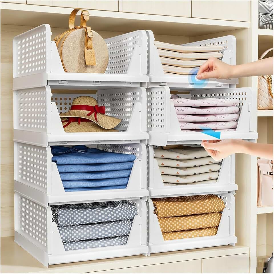 Wardrobe Storage Organiser - 4 Pack Folding Closet Organisers, Stackable Storage Boxes, Plastic Drawer Organiser Basket for Bedroom Kitchen Bathroom White