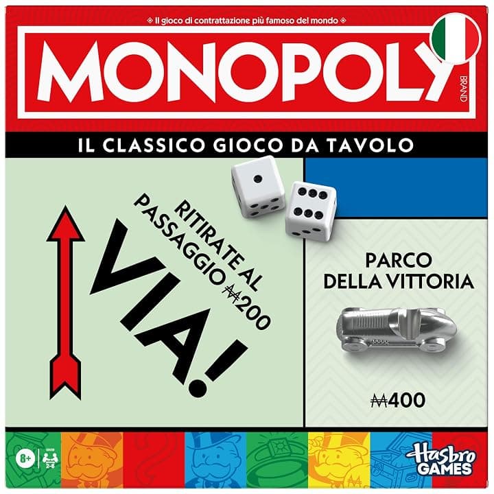 Hasbro Gaming, Monopoly, Gioco da Tavolo, Ideale per Famiglia e Amici, per Bambini e Bambine da 8 Anni in Su, Include Vaschetta Contenitore e Pedine Più Grandi, per 2-6 Giocatori, in Italiano