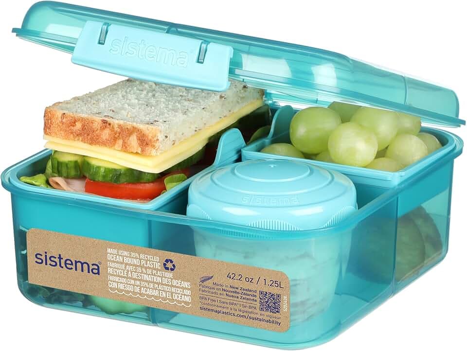 Sistema Bento Box | 1,25 L | Porta pranzo bambina con scomparti e contenitore per snack | Realizzata con plastica recuperata dagli oceani | Teal Stone | 1 pezzo