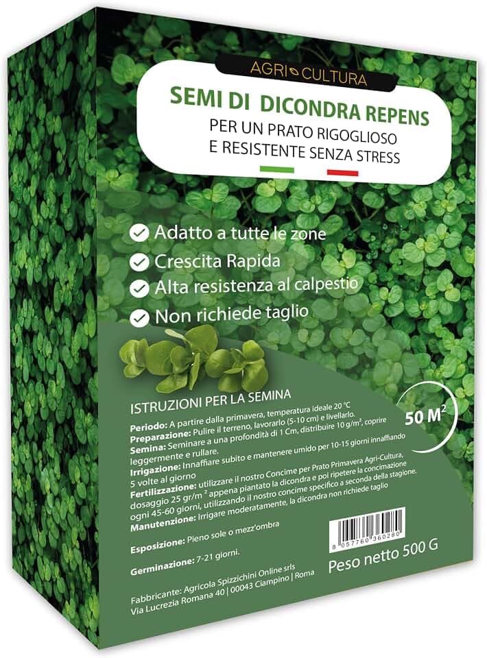 AGRI-CULTURA® | Dicondra Semi 50 m² | Semina 20–25°C | Prato Senza Manutenzione, Alta Resistenza alla Siccità e al Calpestio | Semi di Dichondra Repens per Zone Ombreggiate e di Sole.