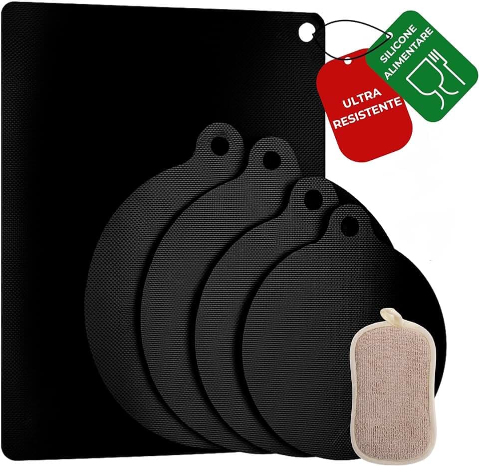 MAZZINI Kit Tappetini Copri Piano Induzione – 5 Pezzi (2x Ø22cm, 2x Ø24cm, 1x 23x33cm, Spessore 0,7mm) + Spugna per Pulizia | Silicone e Fibra di Vetro | Antiscivolo, Resistente al Calore 250°C