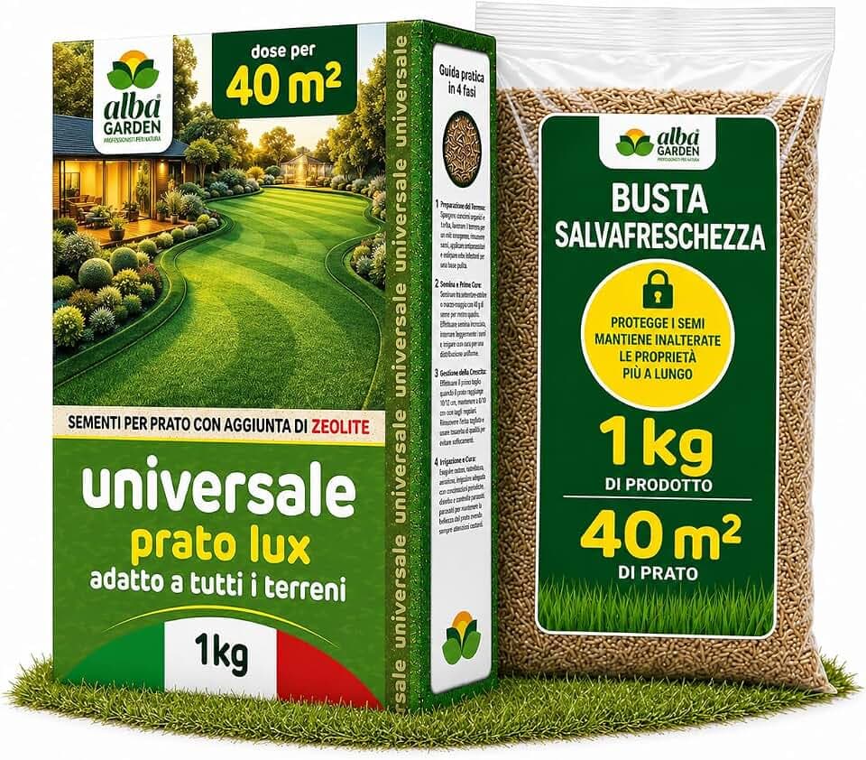 Albagarden - Semi Prato Universale Resistente - 40m² - Per Zone Ombreggiate e Soleggiate - Sementi Erba per Tappeti Erbosi Inverno Estate - Calpestabile - Rapida Crescita per ogni tipo di Terreno