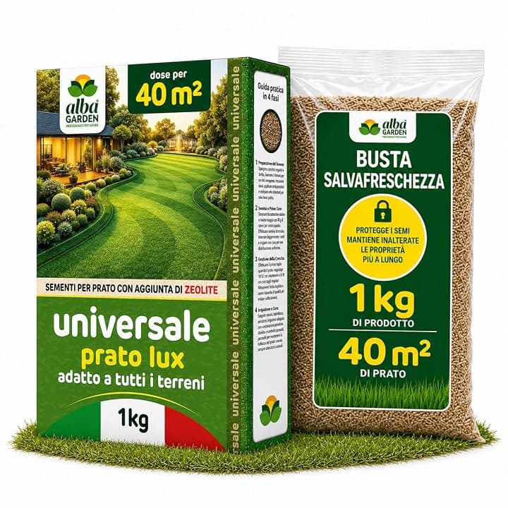 Albagarden - Semi Prato Universale Resistente - 40m² - Per Zone Ombreggiate e Soleggiate - Sementi Erba per Tappeti Erbosi Inverno Estate - Calpestabile - Rapida Crescita per ogni tipo di Terreno