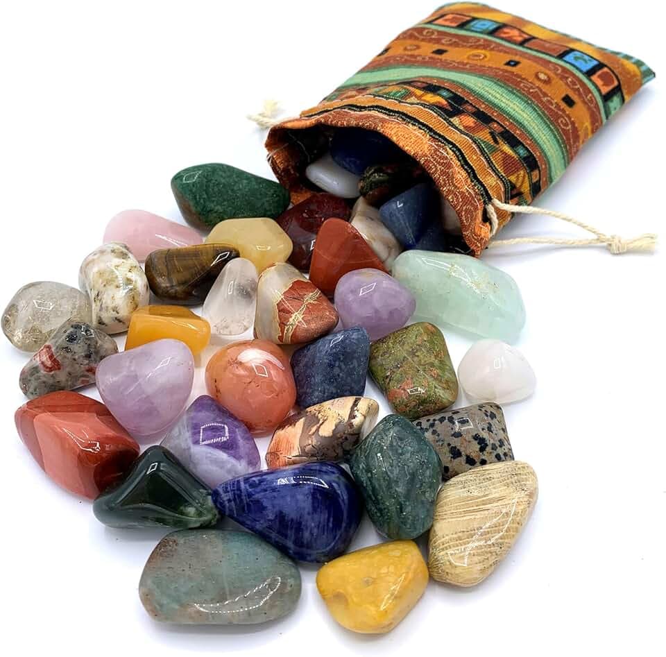 PURAJA PURAJA Set di pietre preziose | Mix colorato di pietre naturali burattate | Miscela di pietre preziose autentiche | Pratico sacchetto in tessuto colorato