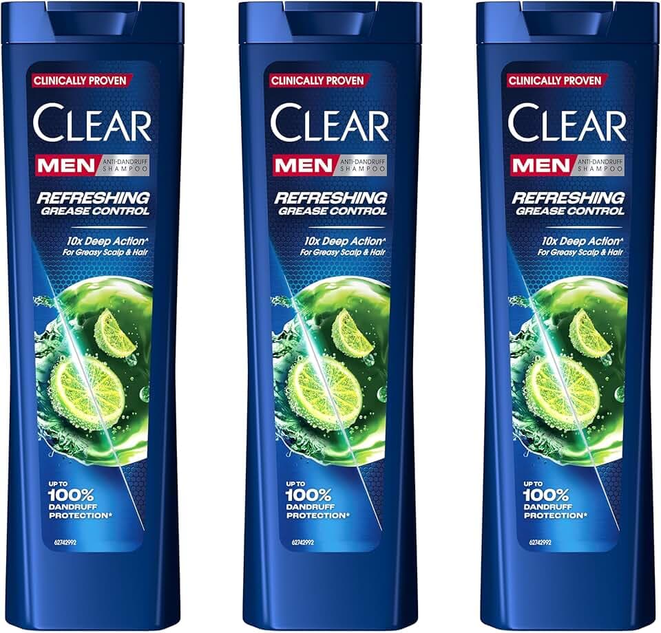 Clear Men Shampoo Uomo Refreshing Grease Control, Per Capelli Grassi, Azione Anti-Forfora e Anti-Sebo, Fino al 100% di Protezione dalla Forfora, Con Niacinamide, 3x 225ml