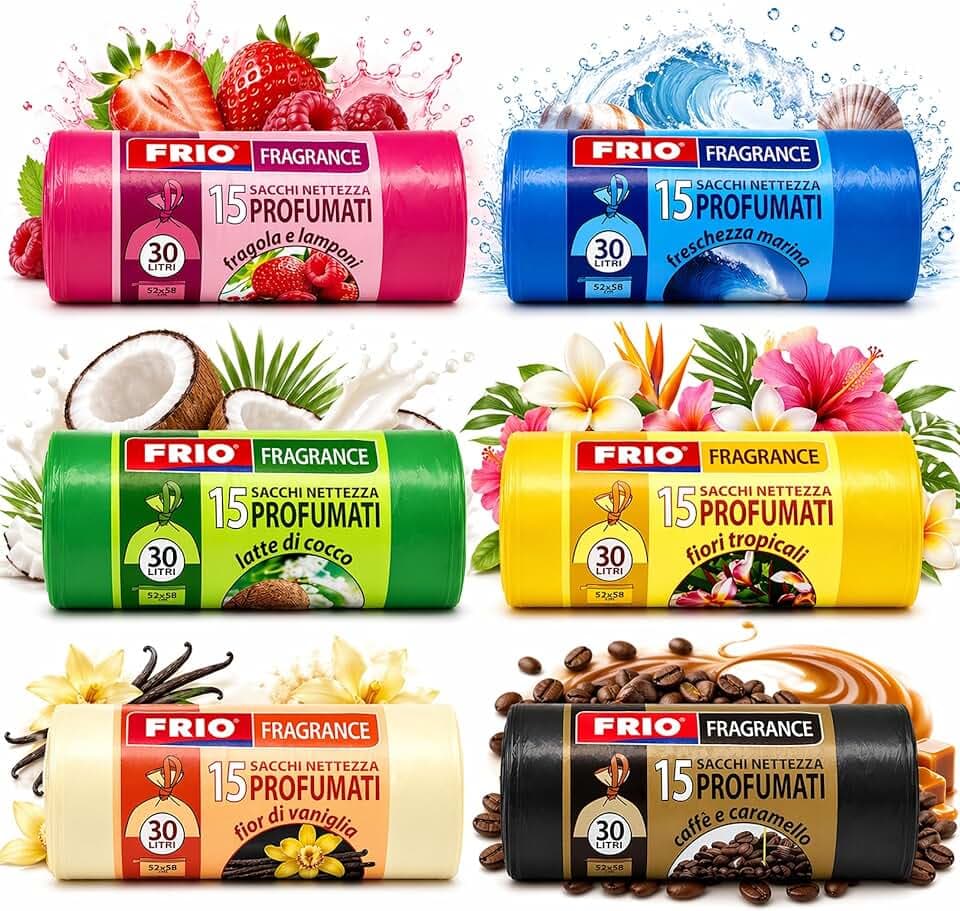 FRIO Multifrutti - 90 Sacchetti spazzatura 30 Litri Profumati, 6 Confezioni da 15 Sacchi immondizia con 6 aromi e colori assortiti - 52x58 cm - Buste per pattumiera resistenti, piccoli, differenziata