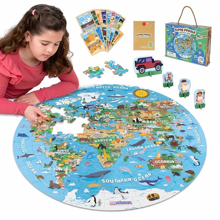 BONNYCO Puzzle Bambini XXL Mappamondo da 70 Pezzi Grandi con Animali